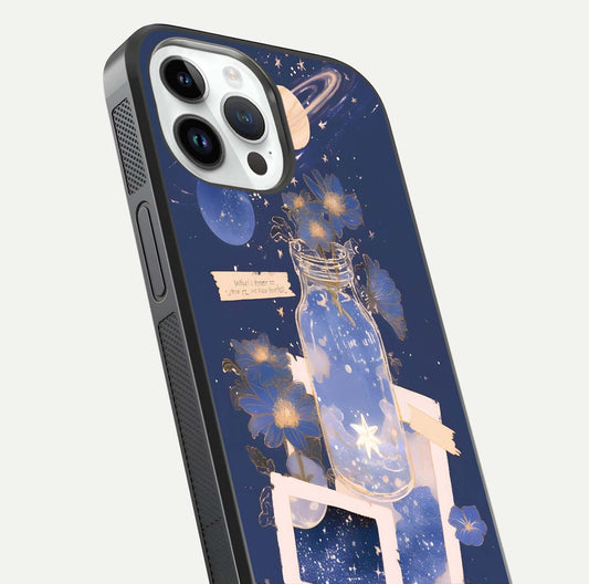 Starlit Cosmic Jar Glass Case for iPhone 14 Pro close-up angled shot highlighting stars, reflections, and HD shine