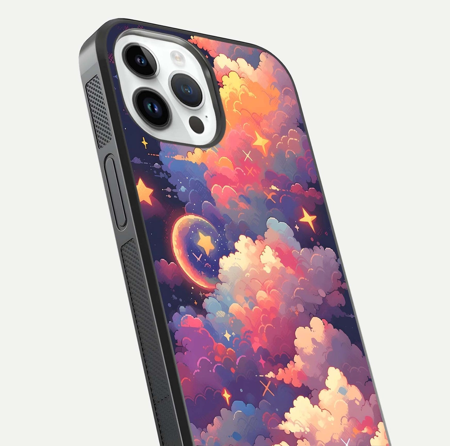 Starlit Dream Clouds Glass Case for iPhone 14 Pro close-up angled shot highlighting cloud texture and reflection