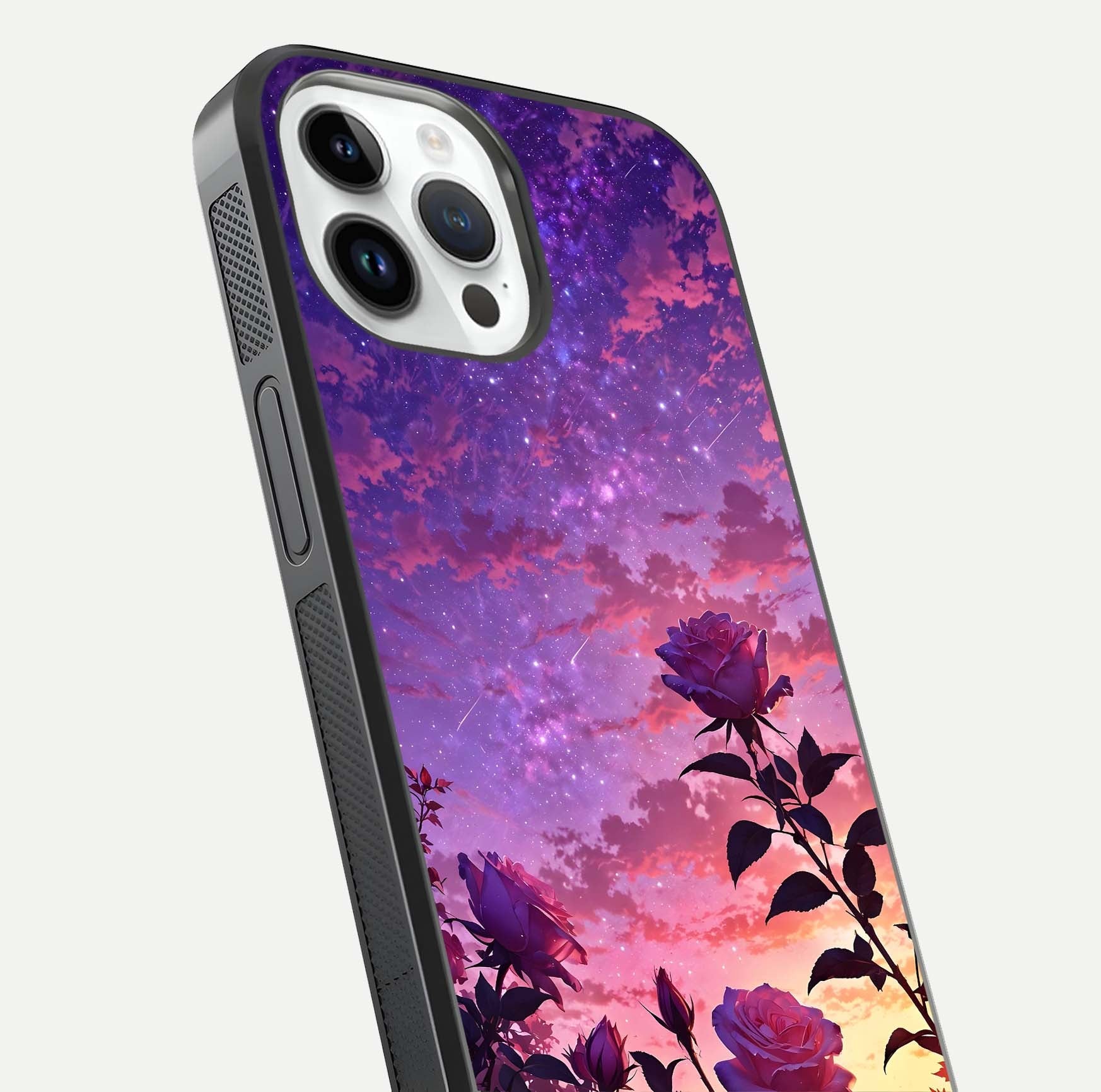 Starlit Rose Twilight Glass Case for iPhone 14 Pro close-up angled shot highlighting rose detail and reflection