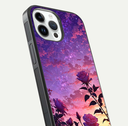 Starlit Rose Twilight Glass Case for iPhone 14 Pro close-up angled shot highlighting rose detail and reflection