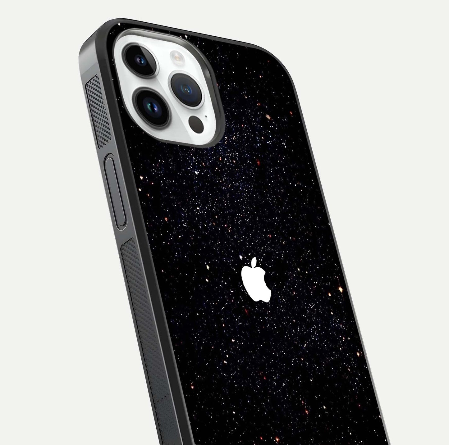 Starry Apple Galaxy Glass Case for iPhone 14 Pro close-up angled shot highlighting star details and gloss