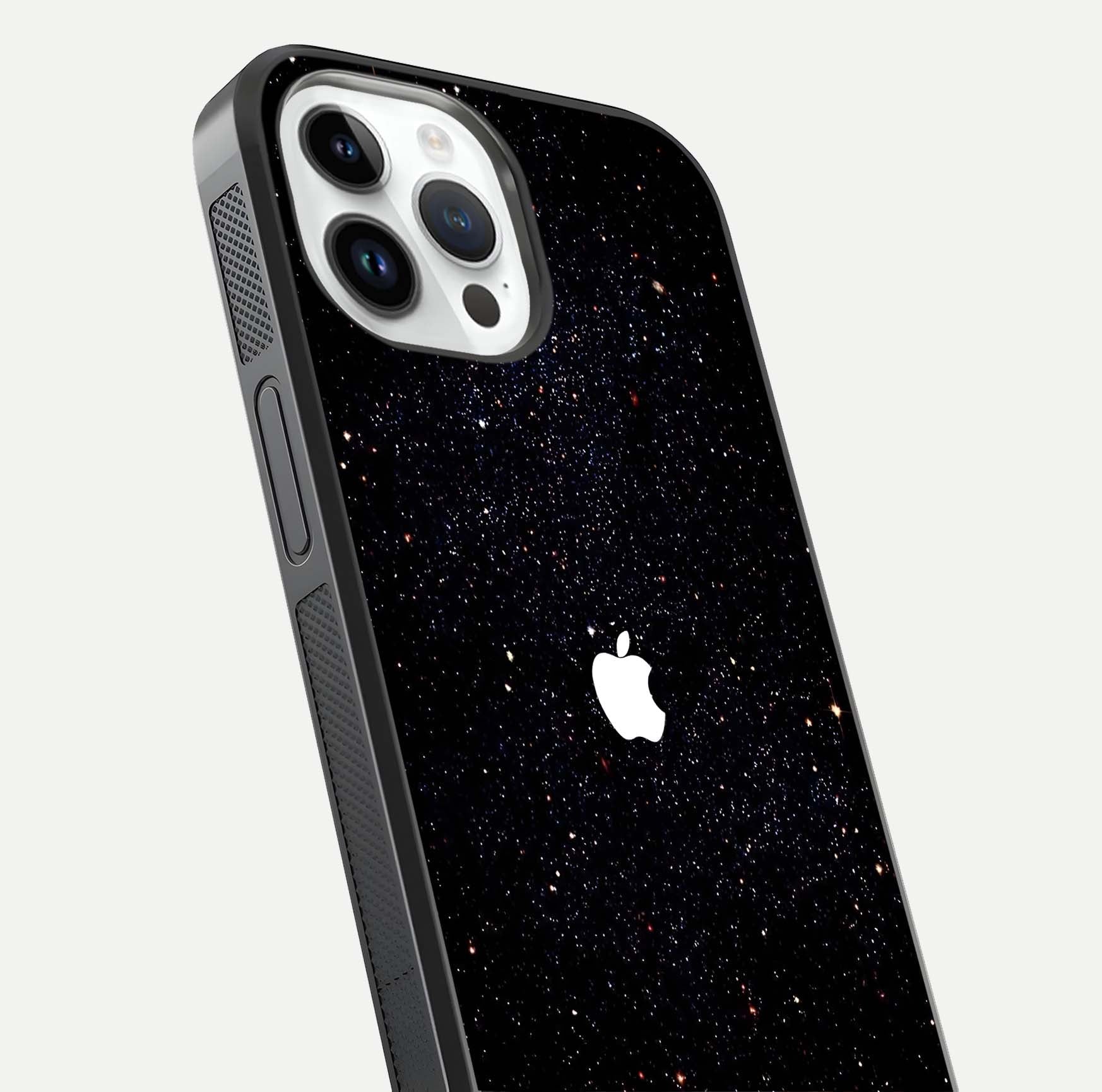 Starry Apple Galaxy Glass Case for iPhone 14 Pro close-up angled shot highlighting star details and gloss