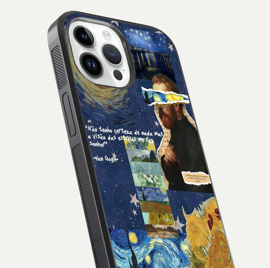 Starry Dream Vision Glass Case for iPhone 14 Pro close-up angled shot highlighting cosmic light and reflection