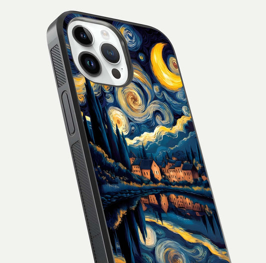 Starry Sky Serenity Glass Case for iPhone 14 Pro close-up angled shot highlighting light reflection and blue hues