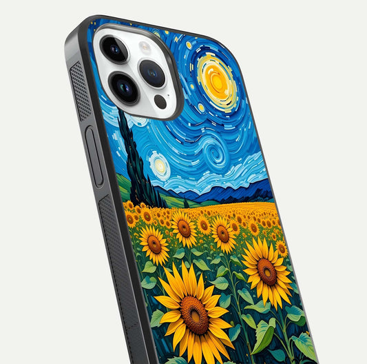 Starry Sunflower Dreams Glass Case for iPhone 14 Pro close-up angled shot highlighting petal texture and gloss