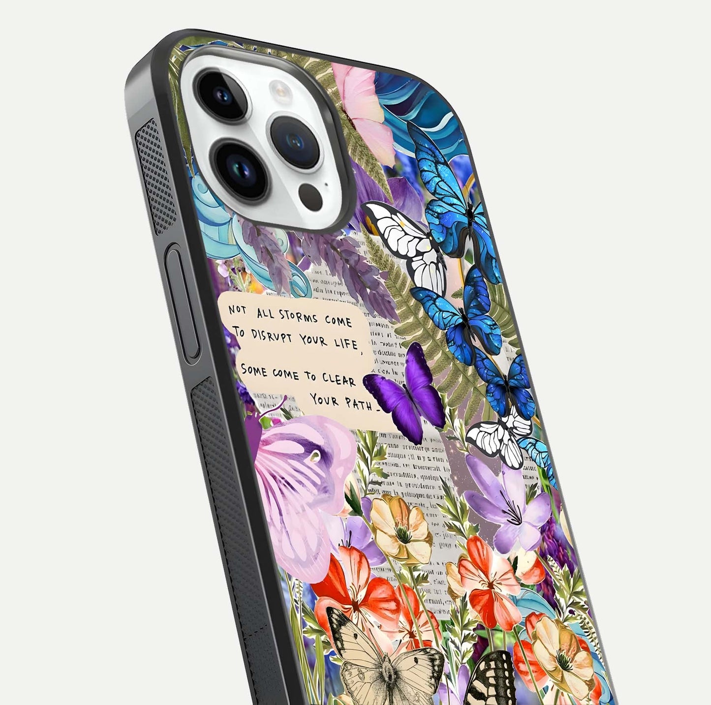 Storm Path Bloom Glass Case for iPhone 14 Pro close-up angled shot highlighting bloom texture and reflection