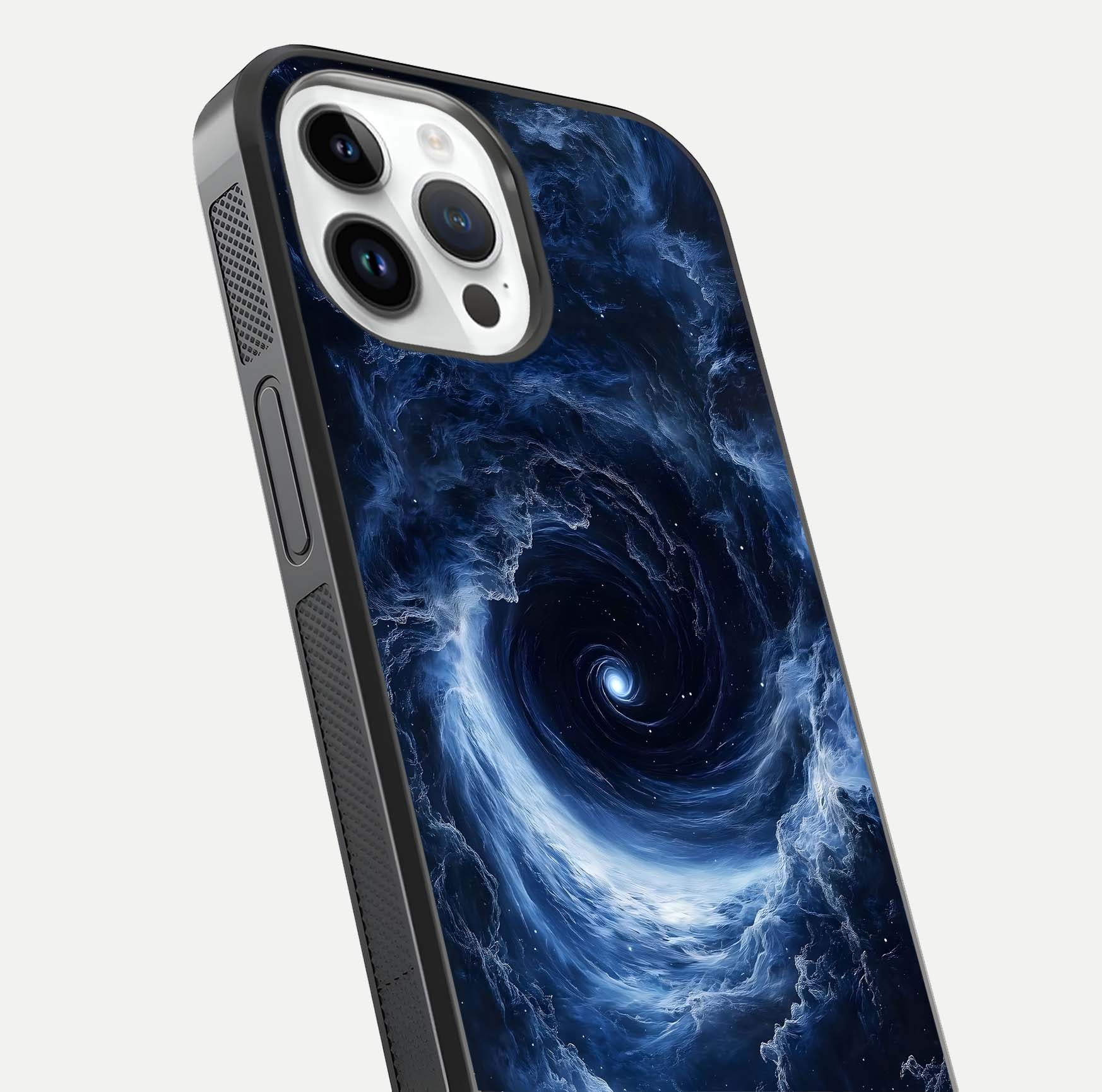Stunning Galaxy Glass Case for iPhone 14 Pro close-up angled shot highlighting nebula tones and HD reflection
