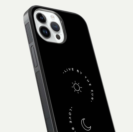 Sun Moon Balance Glass Case for iPhone 14 Pro close-up angled shot highlighting cosmic art and HD reflection