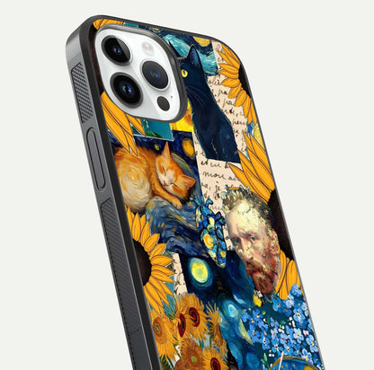 Sunflower Cat Art Glass Case for iPhone 14 Pro close-up angled shot highlighting yellow tones and art reflection