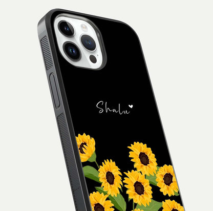 Sunflower Chic Mood Custom Name Glass Case for iPhone 16 Pro close-up angled shot showing HD sunflower pattern