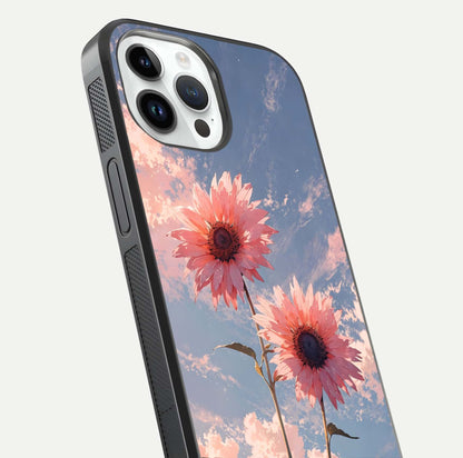 Sunlit Daisy Glow Glass Case for iPhone 14 Pro close-up angled shot highlighting petal texture and reflection