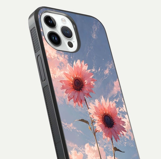 Sunlit Daisy Glow Glass Case for iPhone 14 Pro close-up angled shot highlighting petal texture and reflection