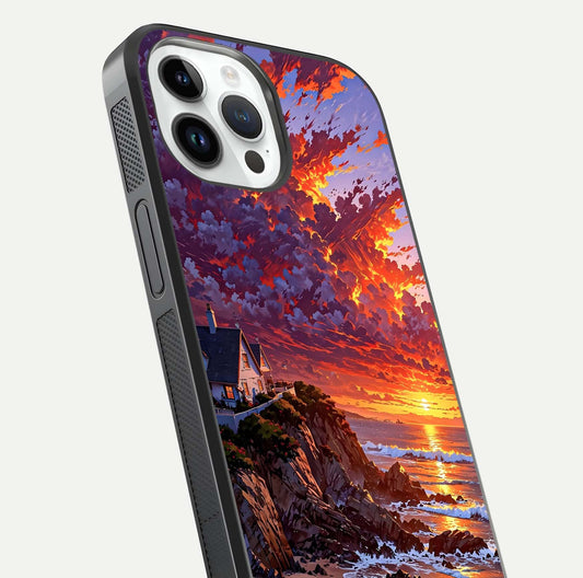 Sunset House by Sea Glass Case for iPhone 14 Pro close-up angled shot highlighting sunset tones and water glow