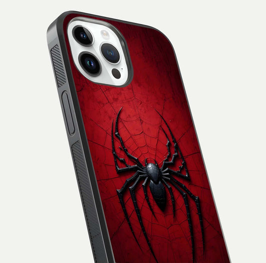 Venom Web Emblem Glass Case for iPhone 14 Pro close-up angled shot highlighting sharp logo lines and reflection
