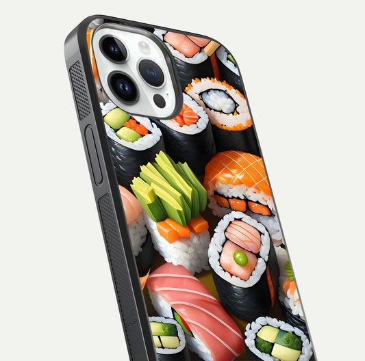 Sushi Food Pattern Glass Case for iPhone 14 Pro close-up angled shot highlighting colorful sushi prints and reflection