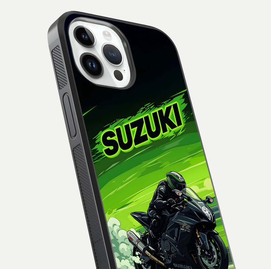 Suzuki Speed Beast Glass Case for iPhone 14 Pro close-up angled shot highlighting bold tones and reflection