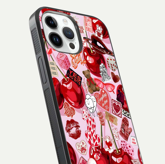 Sweet Cherry Chaos Glass Case for iPhone 14 Pro close-up angled shot highlighting red tone contrast and reflection