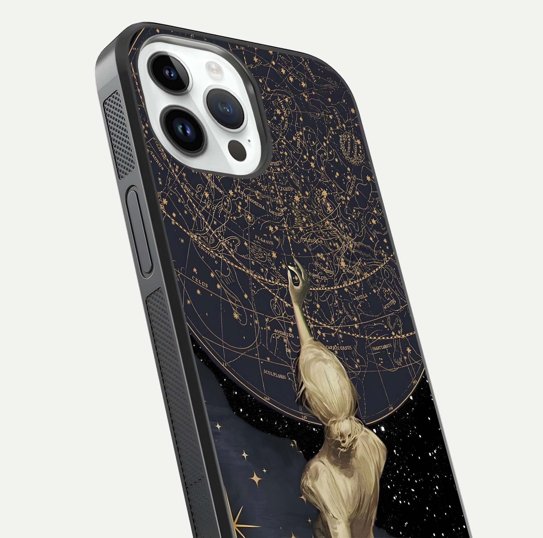 Taylor Swift Girl Glass Case for iPhone 14 Pro close-up angled shot highlighting texture and HD reflection