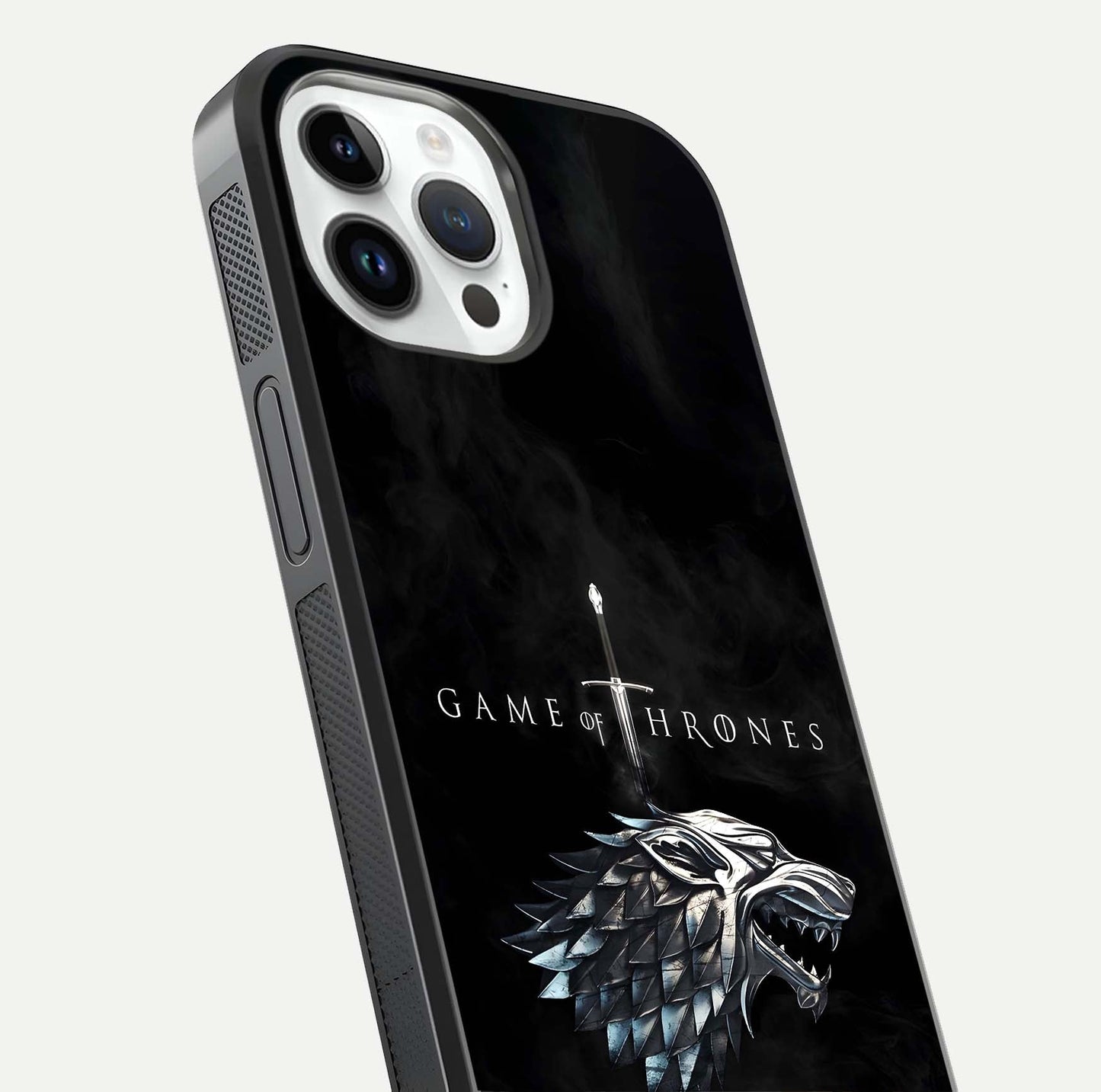 Throne Wolf Legacy Glass Case for iPhone 14 Pro close-up angled shot highlighting fur texture and reflection