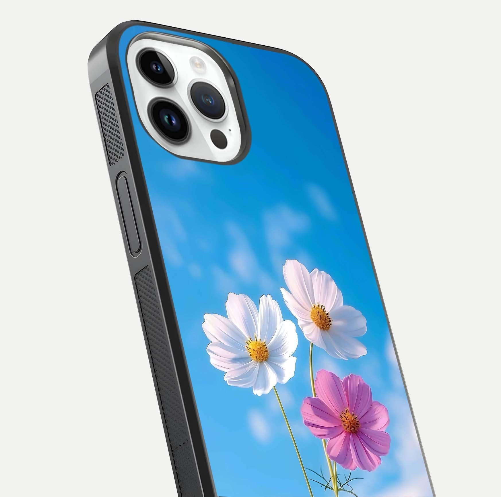 Triple Flowers With Sky Glass Case for iPhone 16 Pro close-up angled shot highlighting petal and reflection details