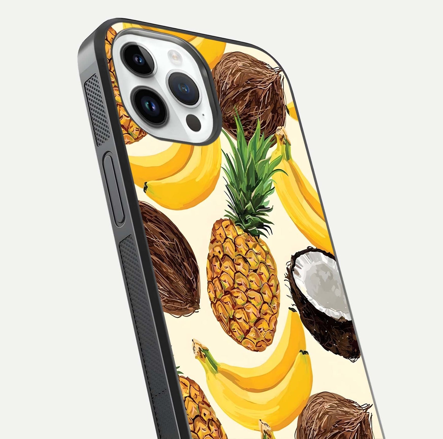 Tropical Fruit Mood Glass Case for iPhone 14 Pro close-up angled shot highlighting fruit texture and reflection