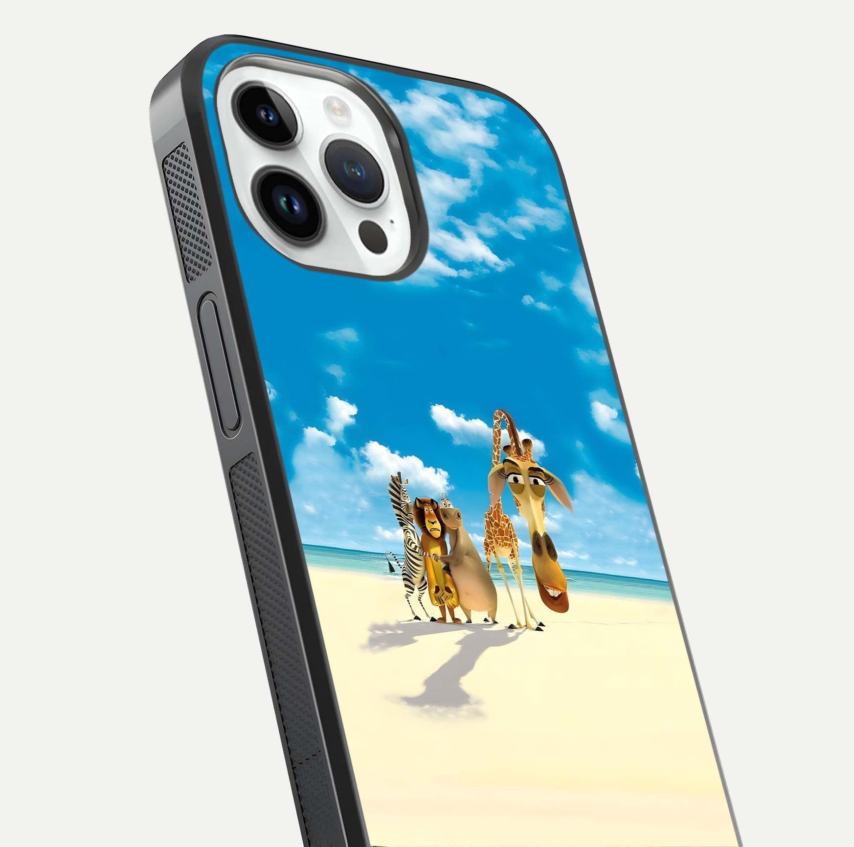 Tropical Fun Squad Glass Case for iPhone 14 Pro close-up angled shot highlighting vibrant tones and texture