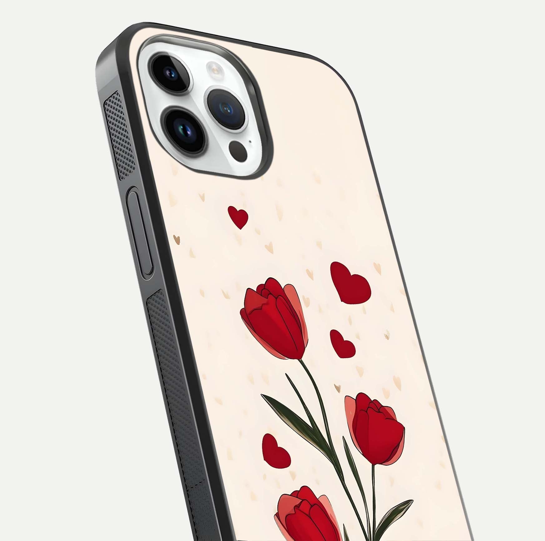Tulip With Heart Glass Case for iPhone 16 Pro close-up angled shot highlighting petal details and reflection
