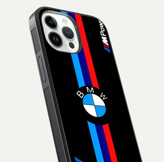 Turbo BMW Beast Glass Case for iPhone 14 Pro close-up angled shot highlighting car detailing and reflection