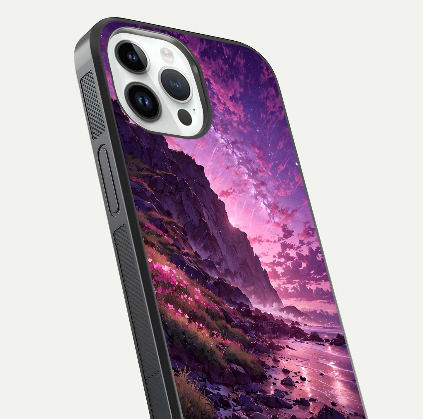 Twilight Blossom Coast Glass Case for iPhone 14 Pro close-up angled shot highlighting gradient sky and reflection