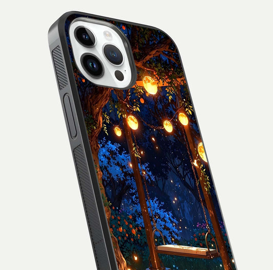 Twilight Garden Swing Glass Case for iPhone 14 Pro close-up angled shot highlighting floral tones and reflection