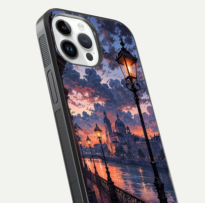 Twilight River Lights Glass Case for iPhone 14 Pro close-up angled shot highlighting river reflections and color tones