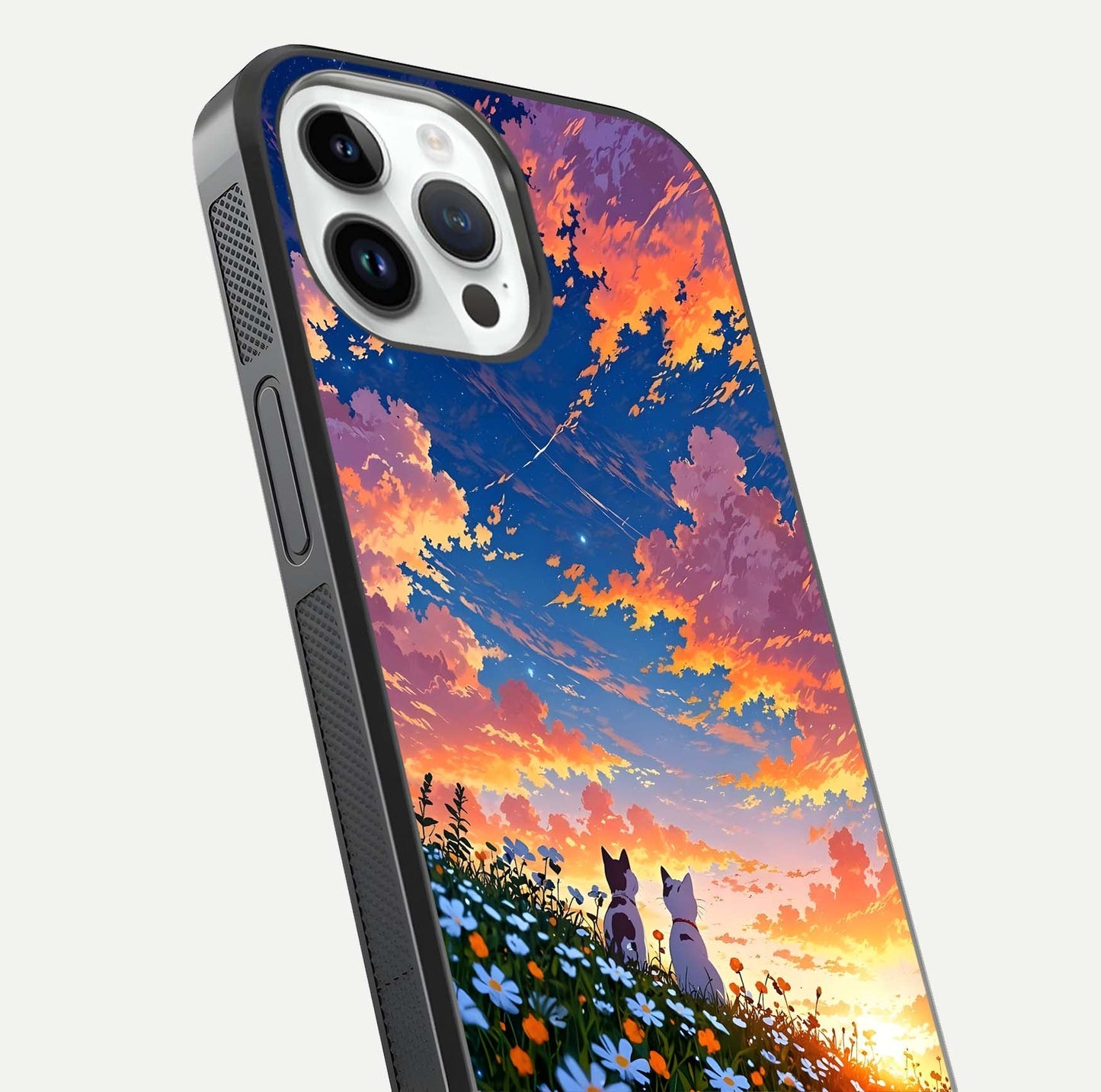 Two Cats Friends Glass Case for iPhone 16 Pro close-up angled shot highlighting cat illustrations and soft reflection