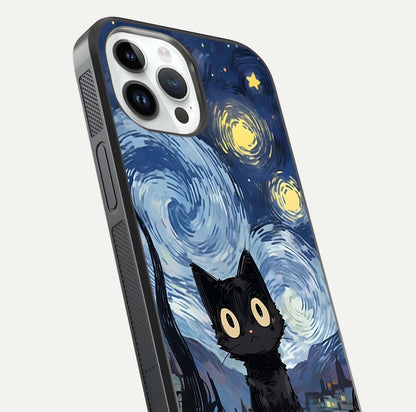 Van Gogh Cat Glass Case for iPhone 14 Pro close-up angled shot highlighting brushstroke texture and reflection