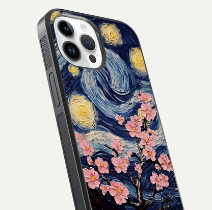 Van Gogh Scenery Glass Case for iPhone 14 Pro close-up angled shot highlighting brushwork texture and color depth