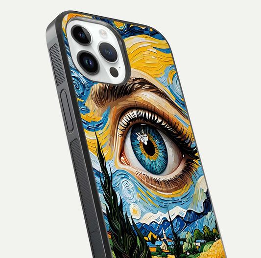 Van Gogh Eye Glass Case for iPhone 16 Pro close-up angled shot highlighting color blend and gloss reflection