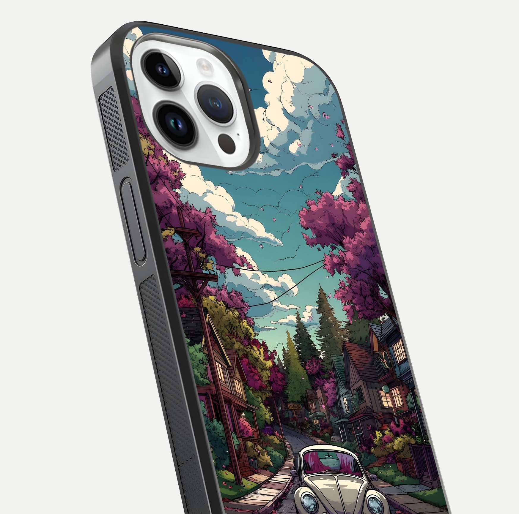 Vintage Street Drive Glass Case for iPhone 16 Pro close-up angled shot highlighting vintage tones and reflection