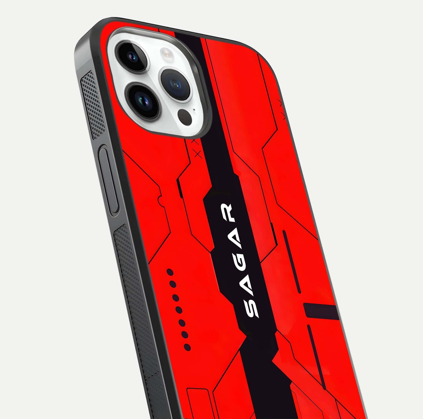 Voltage Rise CYBERPUNK Custom Name Glass Case for iPhone 14 Pro close-up angled shot highlighting neon glow and reflection