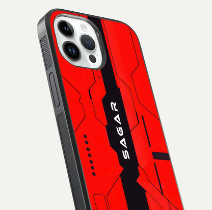 Voltage Rise CYBERPUNK Custom Name Glass Case for iPhone 14 Pro close-up angled shot highlighting neon glow and reflection