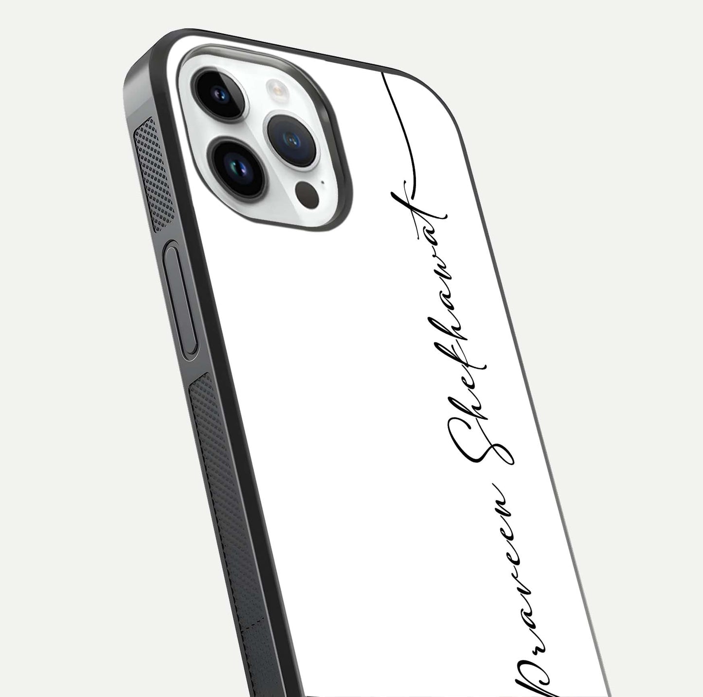 White Tune Custom Name Glass Case for iPhone 14 Pro close-up angled shot highlighting gloss reflection and texture