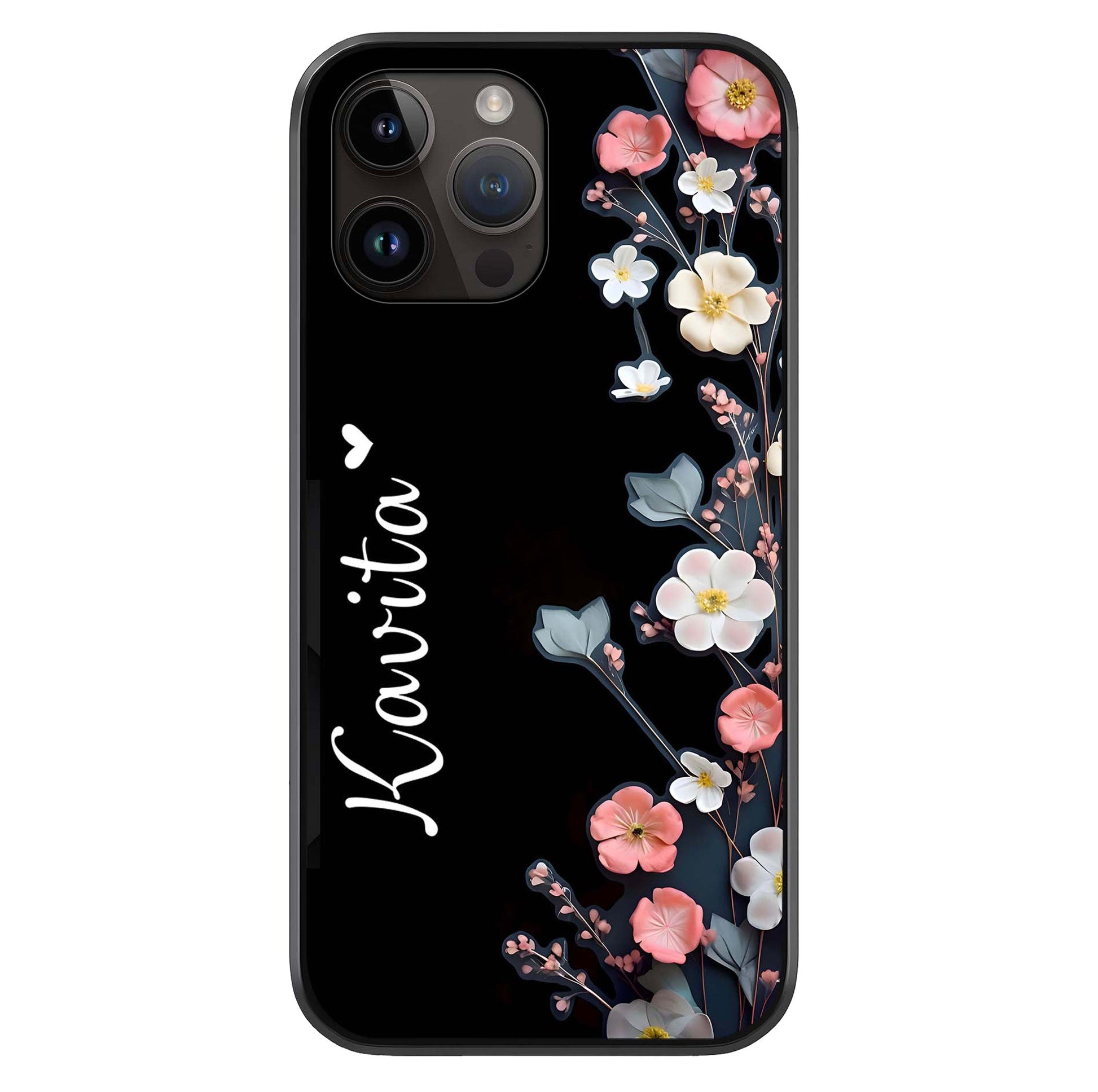 Black Elegance Floral Custom Name Glass Case For iPhone 16 Pro by Custom World