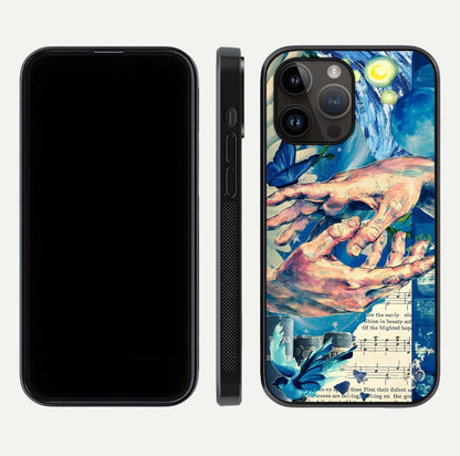 Aesthetic Divider Glass Case for iPhone 16 Pro front and back view layout showing black front display and minimal divider glass back