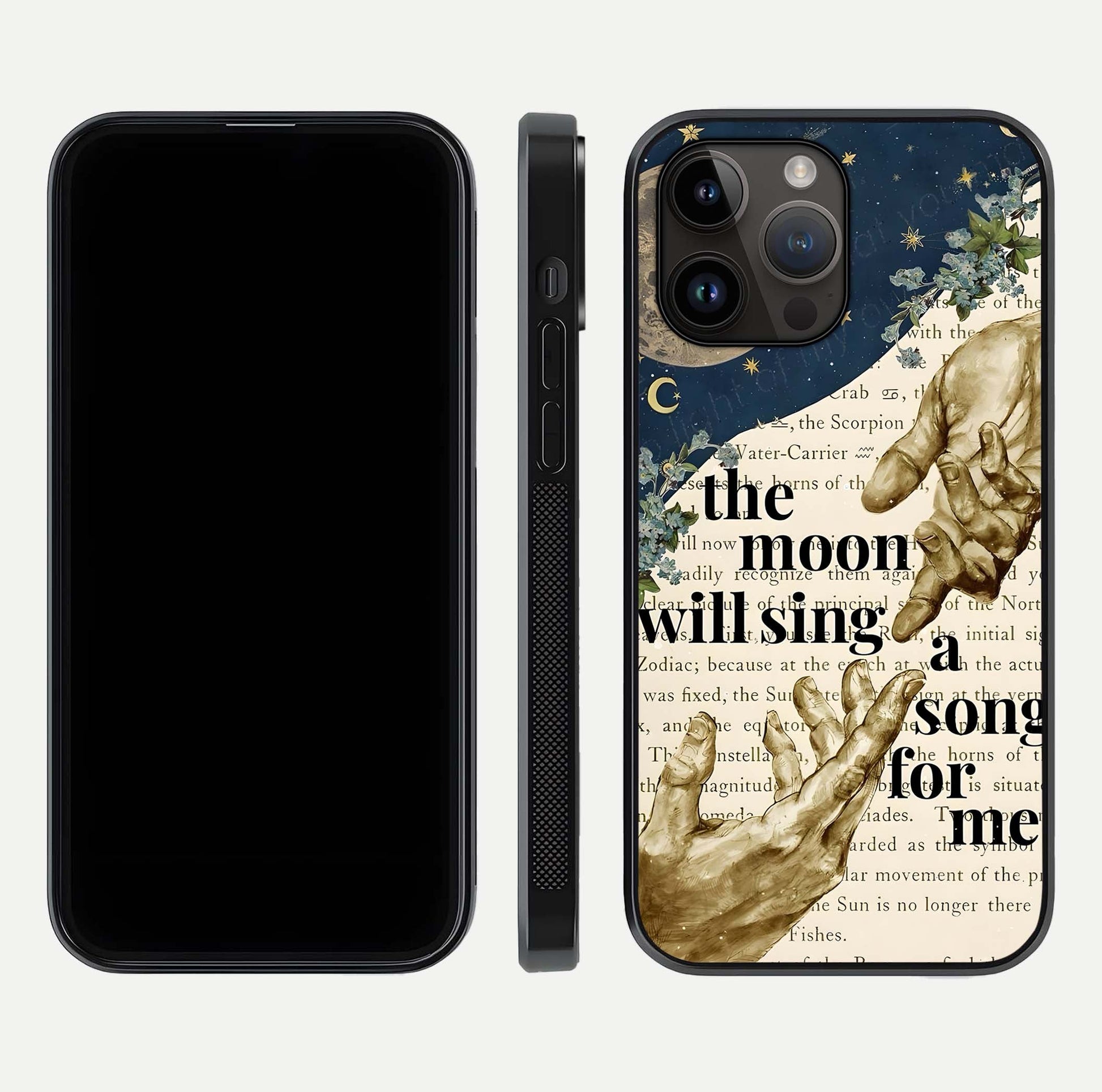 Aesthetic Divine Glass Case for iPhone 16 Pro front and back view layout showing black front display and divine art glass back