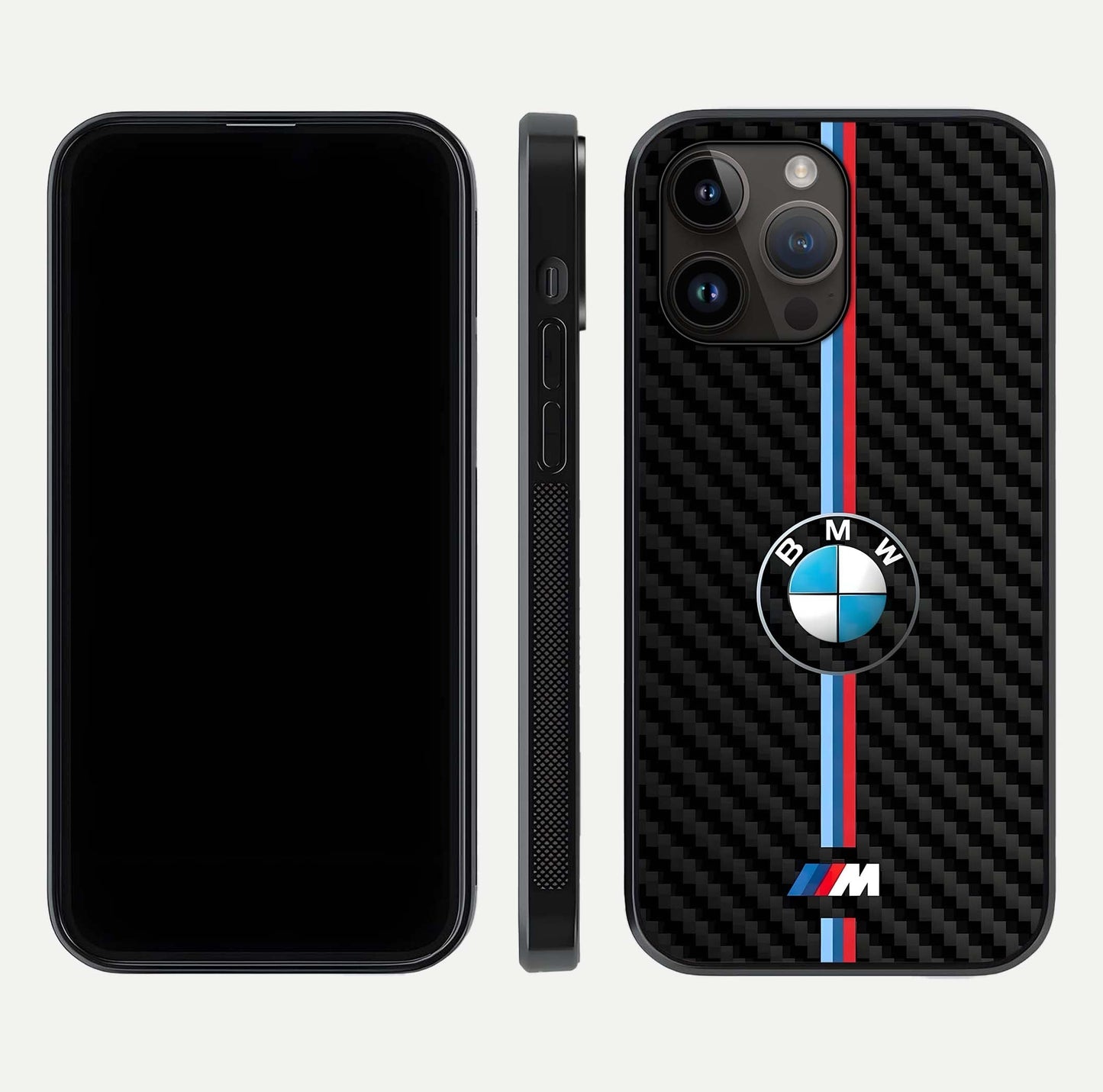 BMW Pattern Glass Case for iPhone 14 Pro Max front-and-back layout displaying car-themed art and premium glass gloss