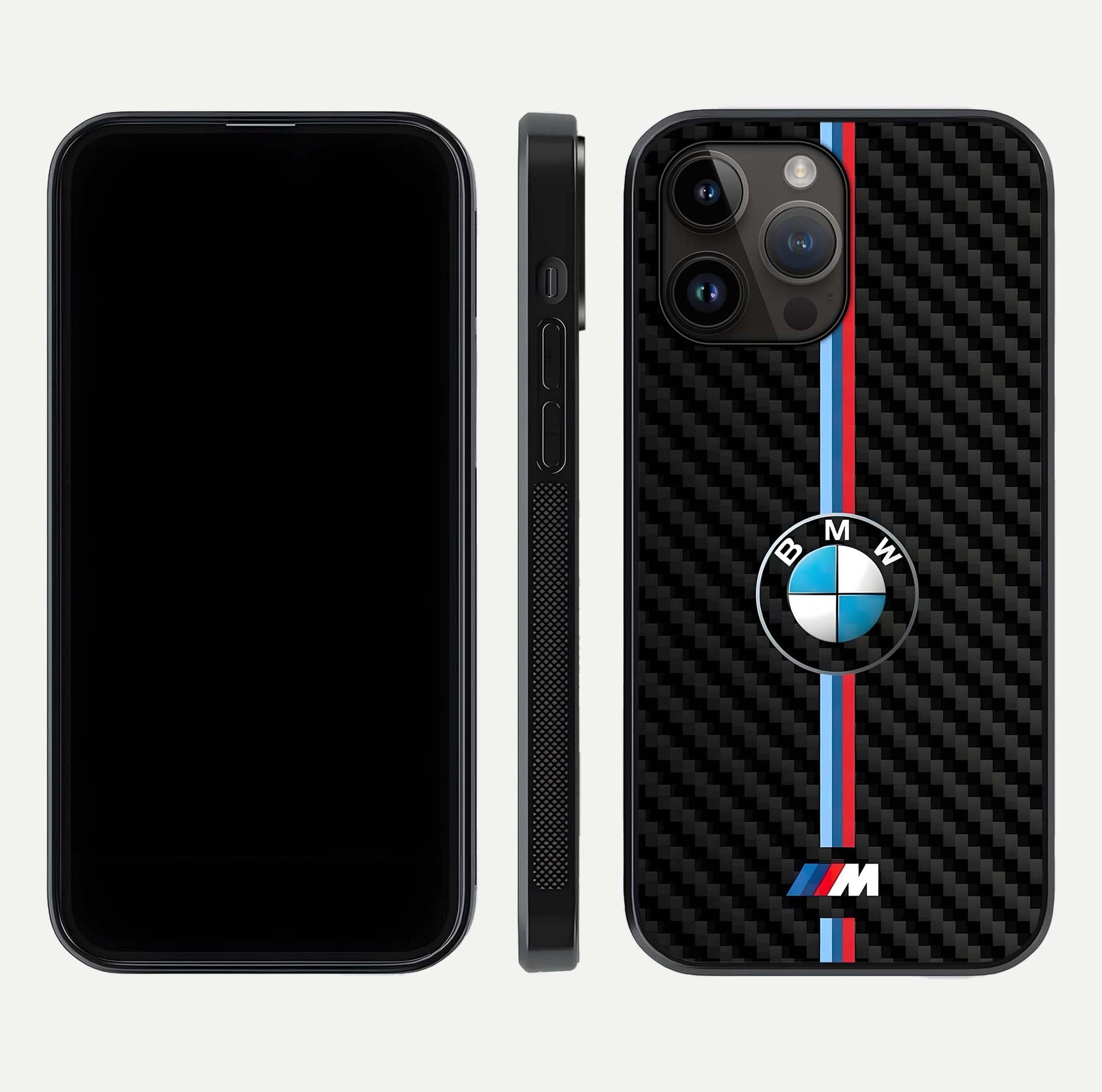 BMW Pattern Glass Case for iPhone 14 Pro Max front-and-back layout displaying car-themed art and premium glass gloss