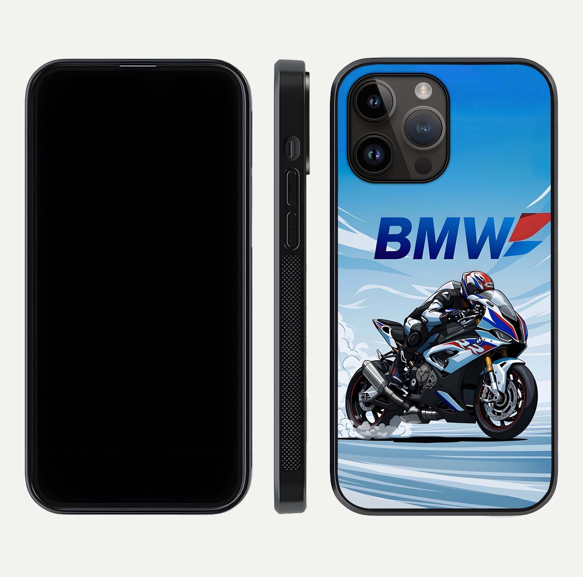 BMW Power Drift Glass Case for iPhone 14 Pro Max dual-view layout showing energy pattern and edge clarity