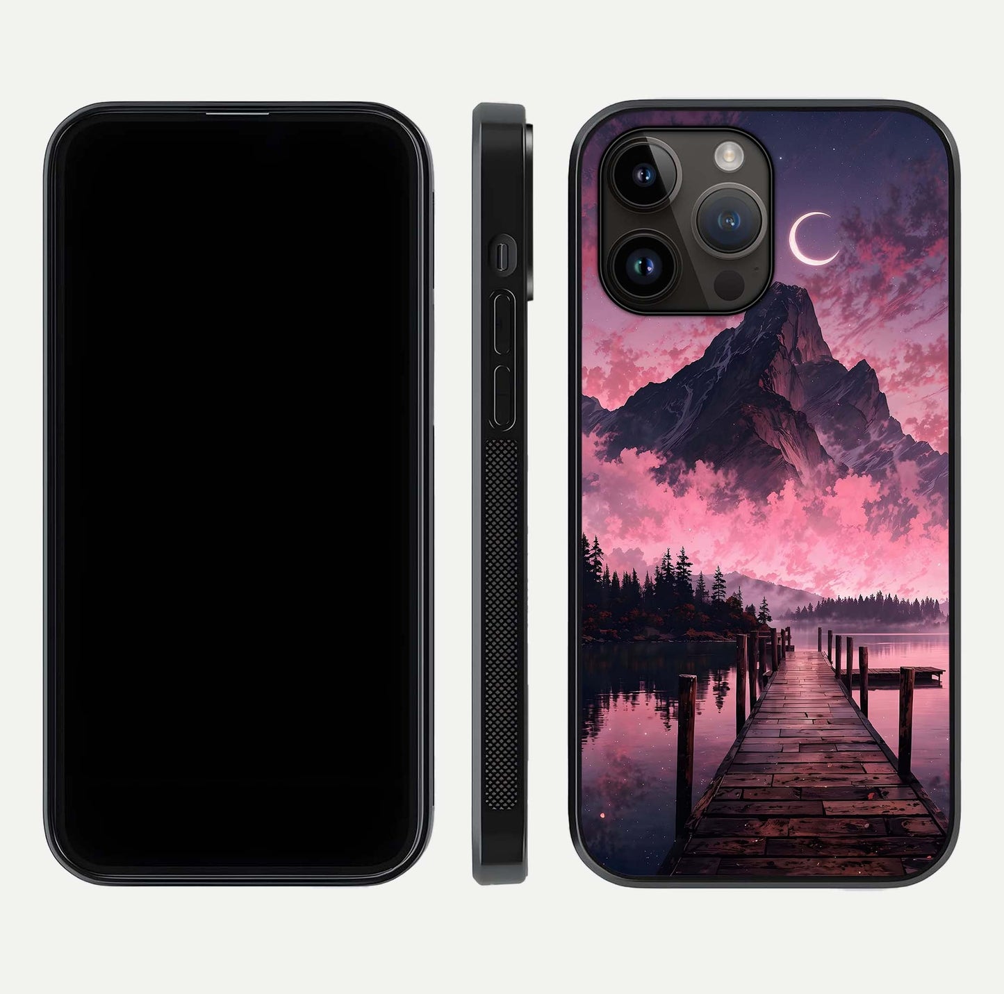 Beautyful Mountain View Glass Case for iPhone 14 Pro Max front and back layout showcasing natural tones and clarity