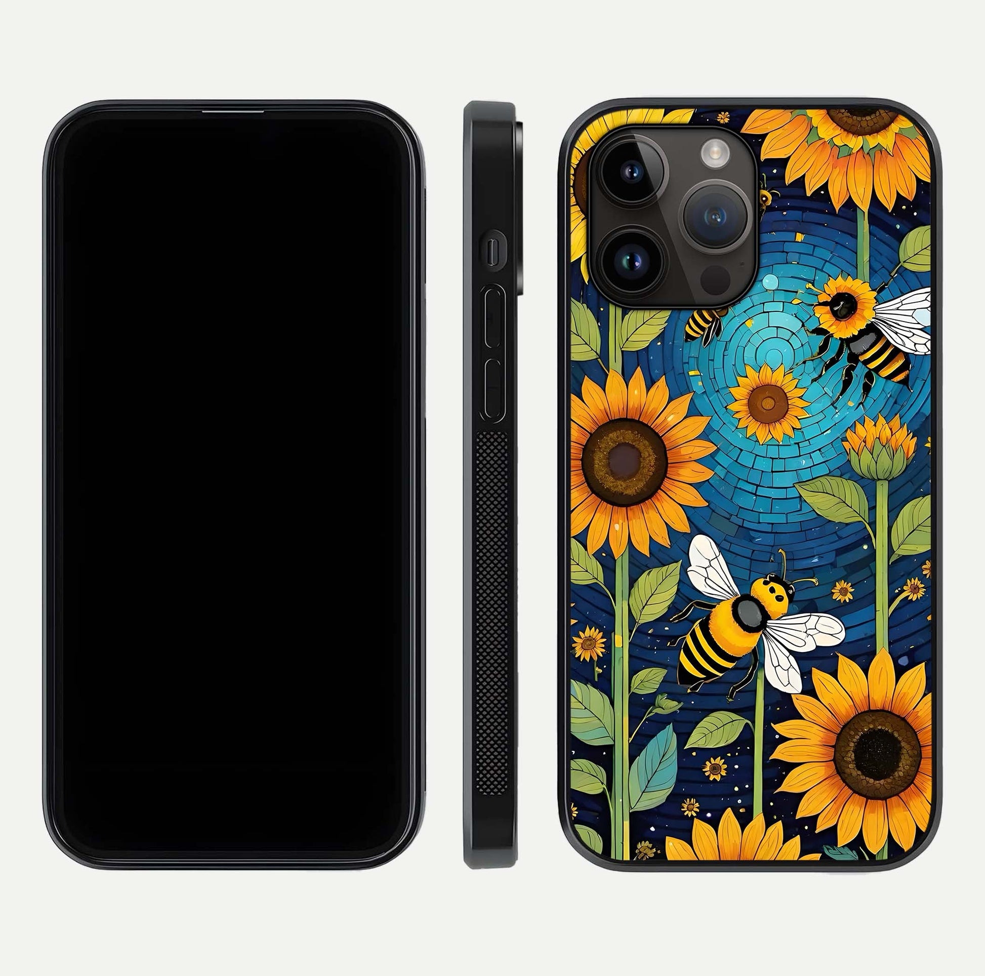 Bees & Sunflowers Glass Case for iPhone 16 Pro front-and-back layout highlighting nature-inspired artwork and protective edge