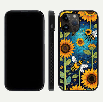 Bees & Sunflowers Glass Case for iPhone 16 Pro front-and-back layout highlighting nature-inspired artwork and protective edge