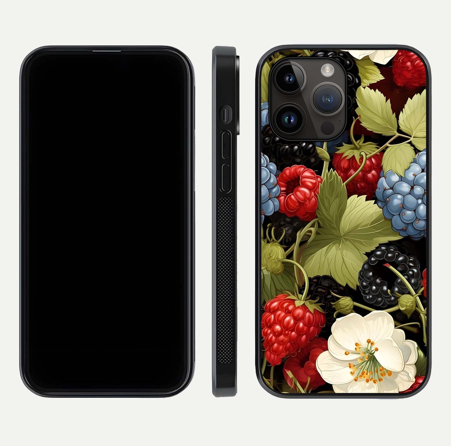 Berry Bloom Charm Glass Case for iPhone 14 Pro Max front-and-back layout showing floral pattern continuity and smooth glass shine