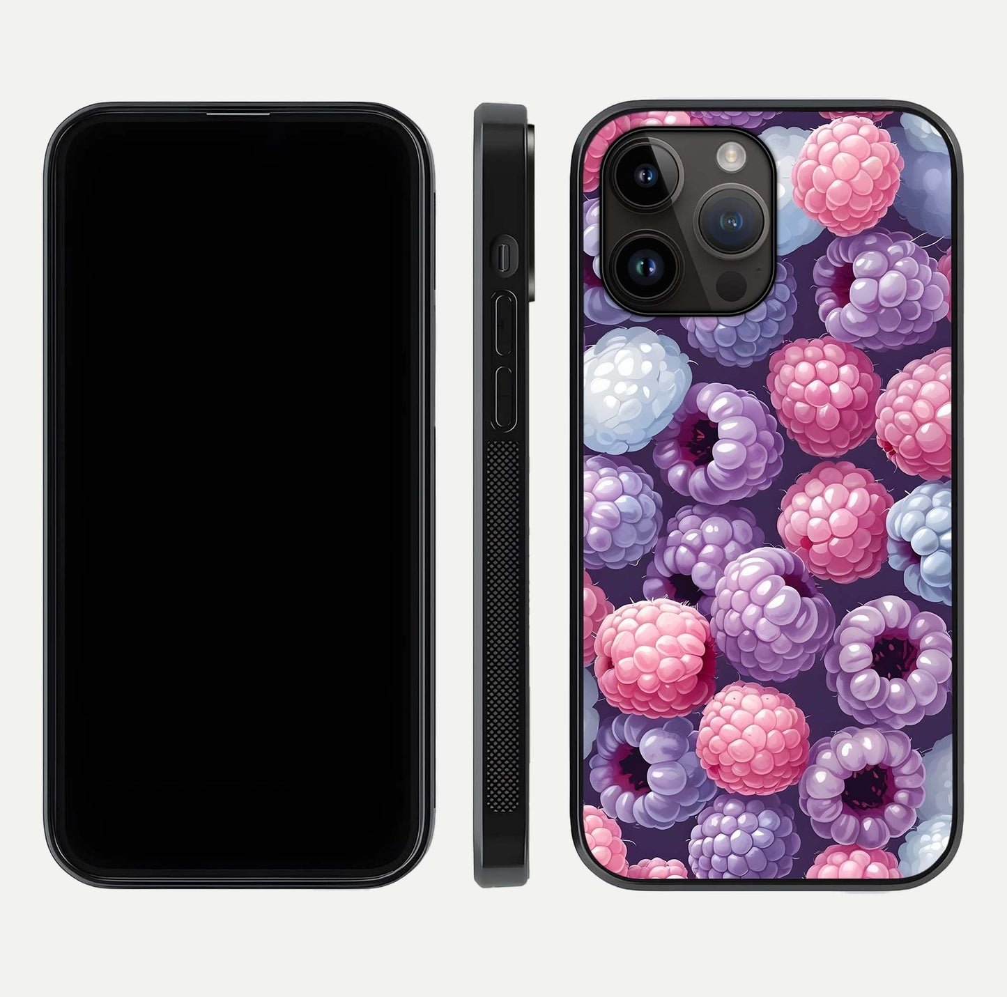 Berry Candy Pop Glass Case for iPhone 14 Pro Max front-and-back layout showing colorful pattern and sleek protective frame